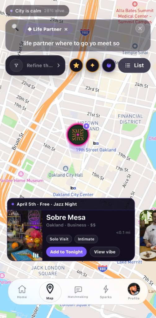 Map search with Life Partner filter and Sobre Mesa Add to Tonight