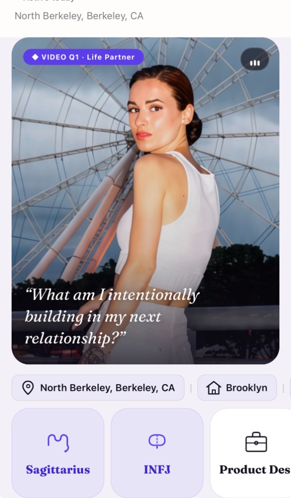 Life Partner dating profile leading with Video Q1