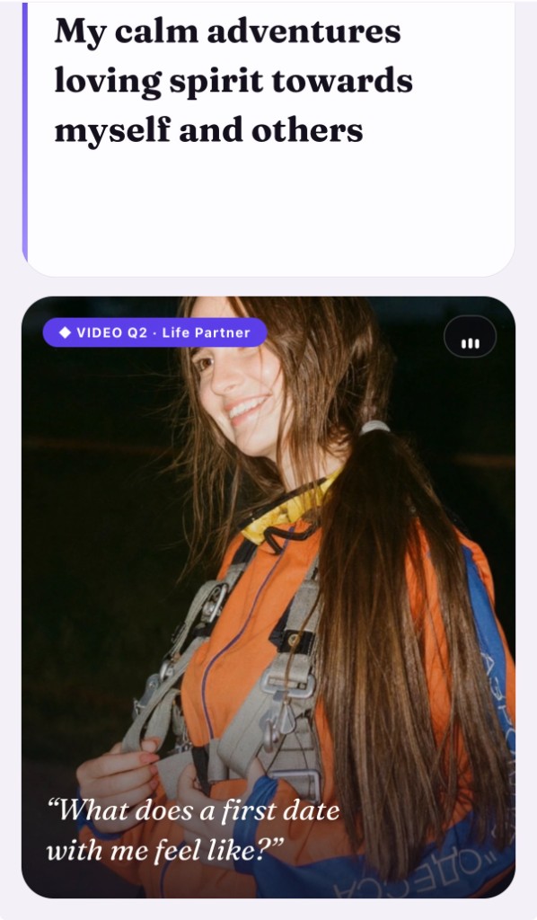 Life Partner profile with prompt card and Video Q2 first date question